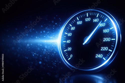 Glowing neon blue speedometer on a dark background showing high speed performance.