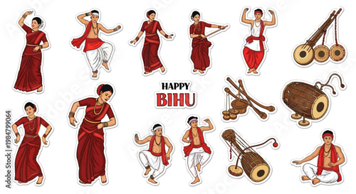 Illustrations depicting the vibrant Assam heritage festival, showcasing Bihu dance celebration with figures in traditional Assamese dress and musical instruments, set against a clean white