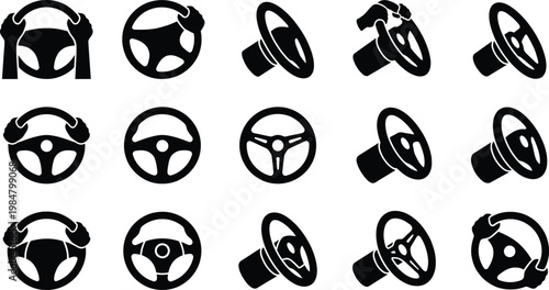Steering wheel icon set, black car steering wheel silhouettes in various angles, 15 automotive vector elements for driving and transportation design