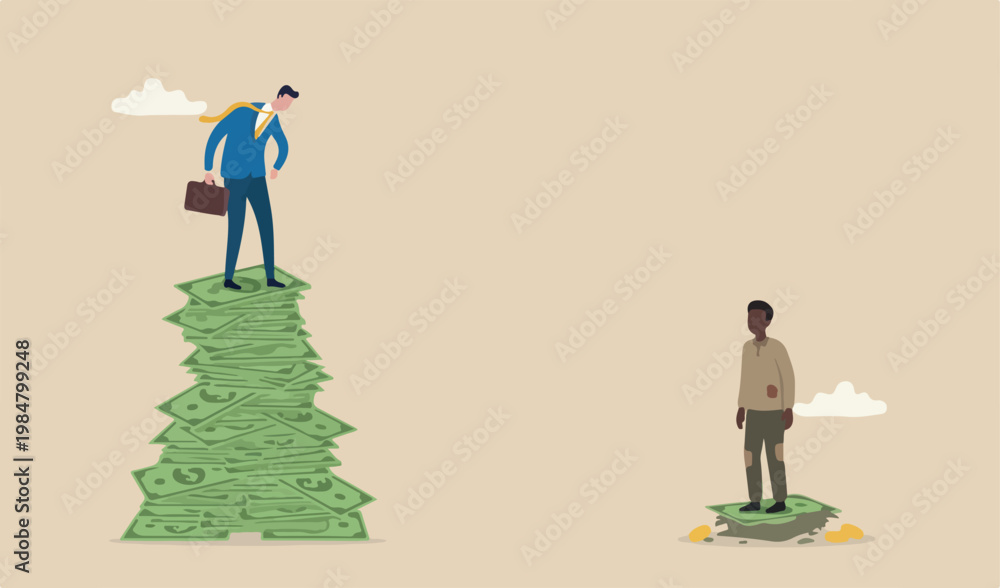 Obraz premium Economic inequality, rich and unfair income, different money people concept, white rich businessman standing high salary coins tower poor black man on low coins stack