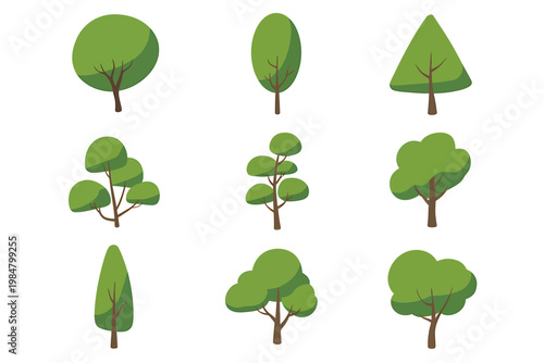 A collection of cartoon trees in various shapes and shades of green is displayed