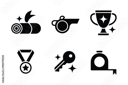 A collection of black glyph icons representing achievements awards and sporting elements