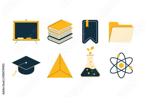 A collection of vibrant icons representing education science and academic pursuits
