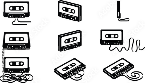 Vintage audio cassette tape icons, retro music technology set of 9 vector elements, black and white analog media symbols for nostalgic design