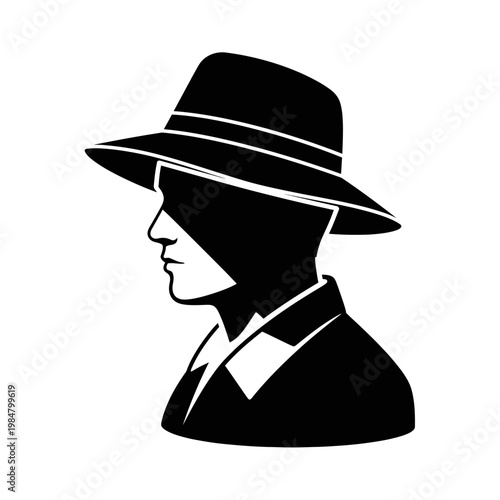 Black silhouette man wearing fedora hat, side profile, minimalist illustration, vector icon