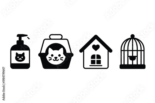 A collection of black vector icons representing pet care housing and accessories