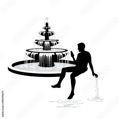 Man sitting on fountain, black silhouette, water flowing, relaxation scene, vector illustration