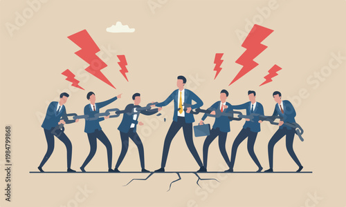 Business, in teams fatigue businessman trying to hold broken chain together with his low energy