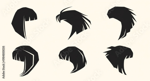Set of six stylized female hairstyle silhouettes.