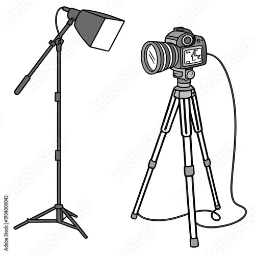 A camera and a softbox on stands