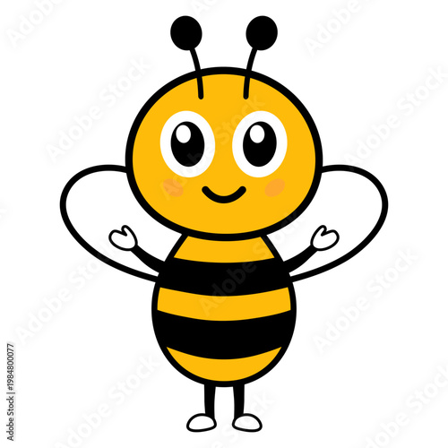 Cute bee with legs and hands. Bumblebee character flying with happy face. Vector illustration isolated on white.
