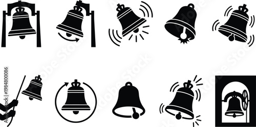 Foto Vintage church bell icons set, black silhouette ringing bells collection, 10 vec