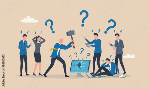 Frustration meeting teams together shading mistake concept, frustrated businessman hitting to computer with hammer