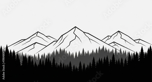 Silhouette Of Pine Forest And Mountain Peaks.