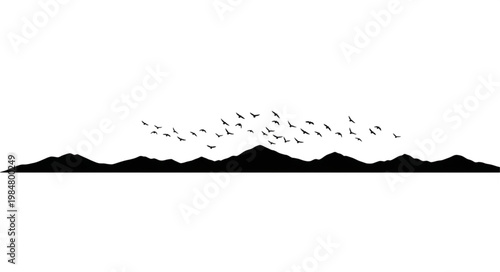 Silhouette mountain range with flock of birds.