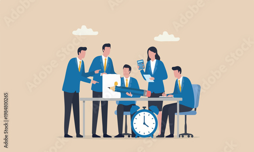 Bill transaction teams together bullseye target card payment or shopping cost concept, businessman with pencil and bill payment document alarm clock