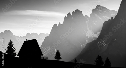 Silhouette of Jagged Mountain Peaks and Ridges.
