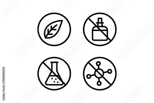 Four circular icons depict natural and prohibited ingredients for cosmetic products