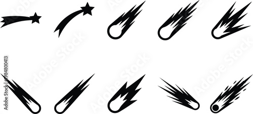 Falling meteor black icons set, shooting star comet vector illustrations, cosmic asteroid fireballs with speed trails, 10 space element silhouettes