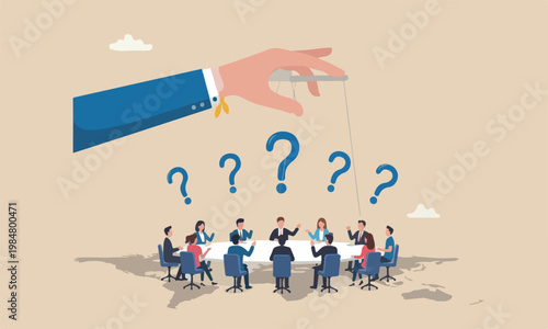 conspiracy together businessman hand with puppet string control the world