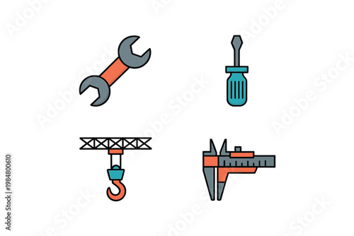 A collection of colorful tool icons including a wrench screwdriver crane and calipers