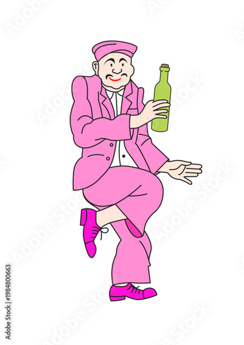 Funny Dancing Bellboy Holding Wine Bottle, Cartoon Vector Illustration
