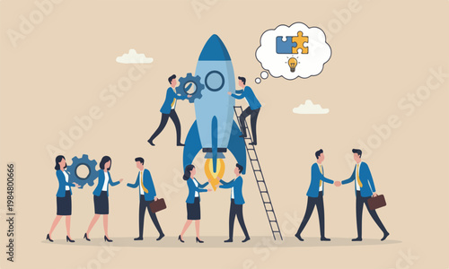 Build startup company meeting teams together red pillars teamwork and support concept, creative businessman and woman coworker support each other help building rocket