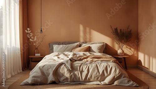 A serene and inviting bedroom with a neatly made bed and warm lighting