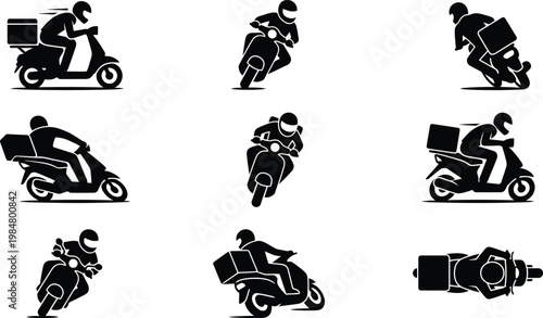Delivery scooter courier icons set, black silhouette motorcycle riders with cargo boxes, fast food shipping service vector elements