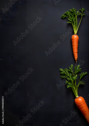Two fresh carrots with green tops on dark background for Health Day  