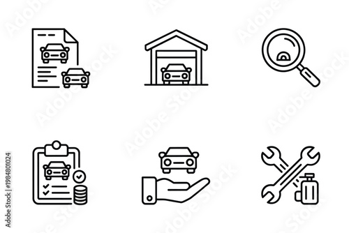 Line art icons depict car insurance repair and vehicle documentation concepts