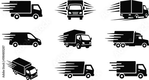 Fast delivery truck icons set, 9 black silhouette shipping van vectors. Express transport service symbols, logistics and freight distribution graphics