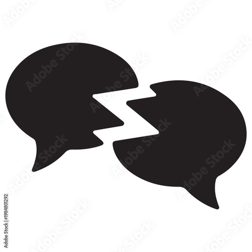 Two broken speech bubbles symbolizing failed communication or argument with communication dialogue argument conflict misunderstanding breakdown
