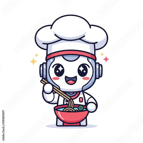 Cute Robot Chef Preparing Delicious Noodle Dish.