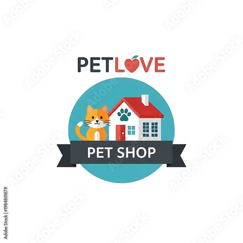 Pet Love Shop Logo Design with Cat and House Illustration.
