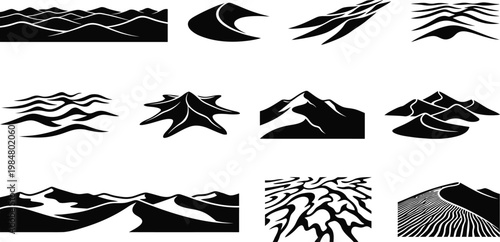 Minimalist desert sand dunes vector set, black and white landscape icons, 11 stylized nature elements for outdoor adventure branding and travel logos