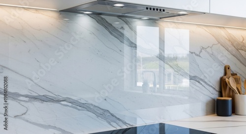 Elegant Marble Effect Laminate Wall Panel Featuring Cool Gray Veins in a Modern Kitchen Setting