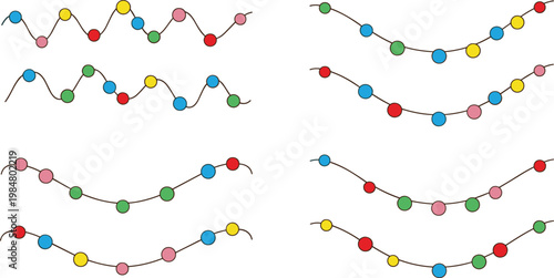 Colorful Christmas Light Garland Collection Featuring Eight Festive String Light Strands with Multicolor Bulbs in Wave and Swag Shapes for Holiday Decoration Design