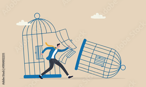  Escape from challenge or break free for freedom concept, strong ambitious businessman bended the bar and escape from bird cage trap