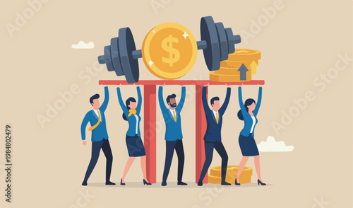 Financial literacy or investment advisor, wealth management concept, strong coin red in businessman team lifting heavy money coin weights