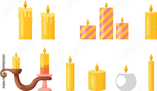 Golden Yellow Candle Collection Featuring Various Burning Wax Candles with Candleholder Striped Dripping and Short Styles for Holiday and Romantic Decor Design