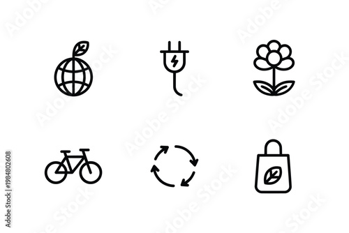 A collection of simplistic line icons representing sustainability and environmental consciousness