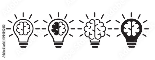Brain in light bulb icon set. Creative, generating idea, solution , knowledge, lamp - stock vector.