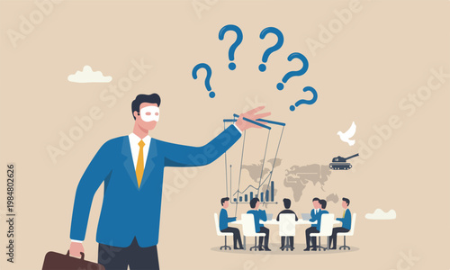conspiracy businessman hand with puppet string control the world