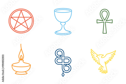 A collection of outlined mystical symbols including a pentagram chalice and ankh