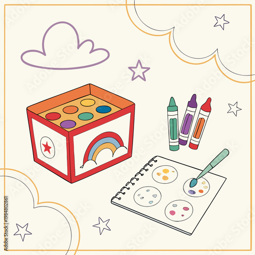 Illustration of a children's art set with a rainbow paint box colorful crayons a sketchbook for creative play supplies children creativity sketchbook notebook education painting colorful