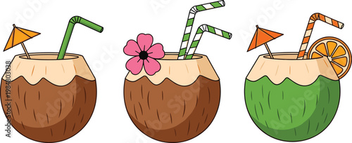 Coconut drink vector set with straws umbrella and fruit garnish tropical summer beverage illustration isolated on white