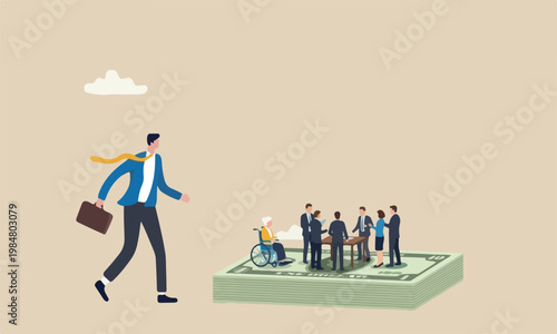 Cost of,meeting together health insurance or medical industry business concept, miniature senior old woman figurine sitting on wheelchair on US dollar banknotes money