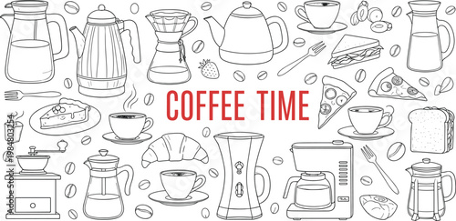 Coffee time doodle set with brewing equipment cups beans pastries breakfast elements hand drawn vector illustration collection