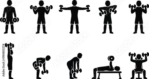 Fitness weightlifting icons set, black silhouette man exercising with dumbbells, 10 gym workout vector elements for bodybuilding and strength training